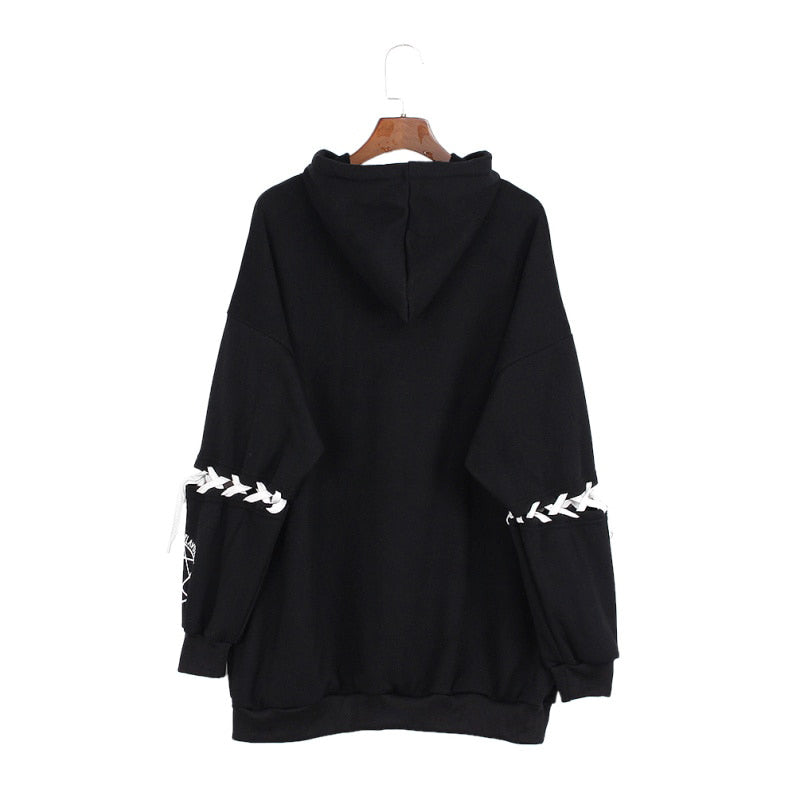 Harajuku Pentagram Print Lace Up Women Fleece Hoodie