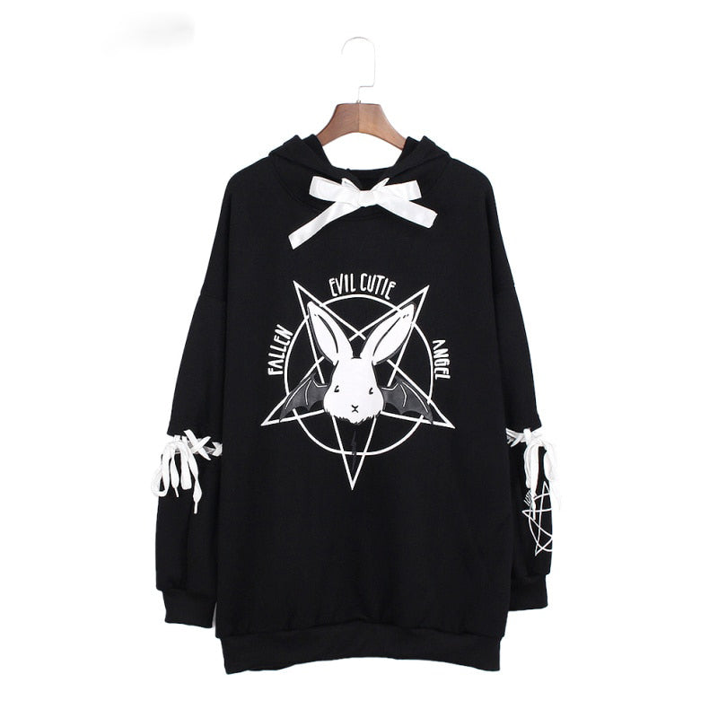 Harajuku Pentagram Print Lace Up Women Fleece Hoodie