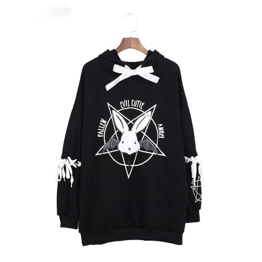 Harajuku Pentagram Print Lace Up Women Fleece Hoodie