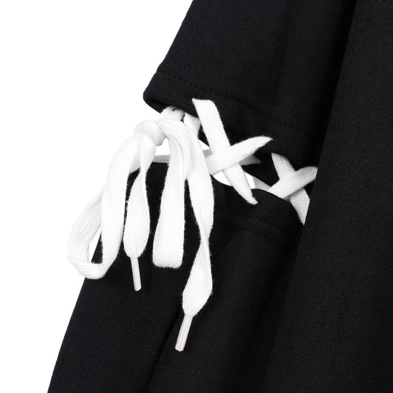 Harajuku Pentagram Print Lace Up Women Fleece Hoodie