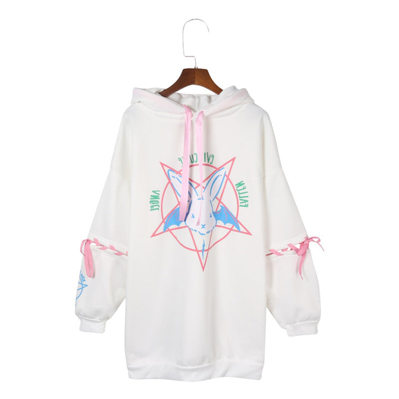 Harajuku Pentagram Print Lace Up Women Fleece Hoodie