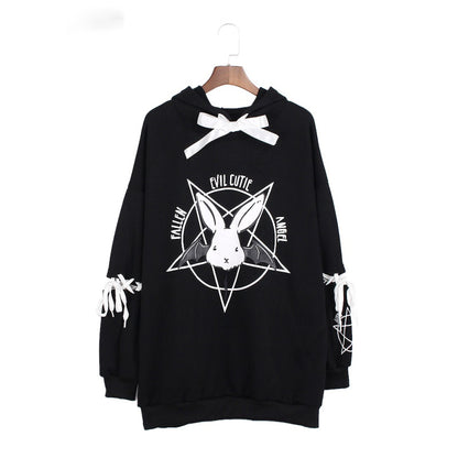 Harajuku Pentagram Print Lace Up Women Fleece Hoodie