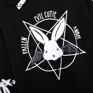 Harajuku Pentagram Print Lace Up Women Fleece Hoodie